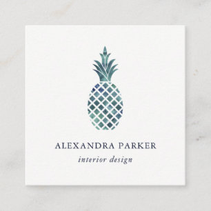Modische blaue Aquarell-Blick-Ananas Quadratische Visitenkarte