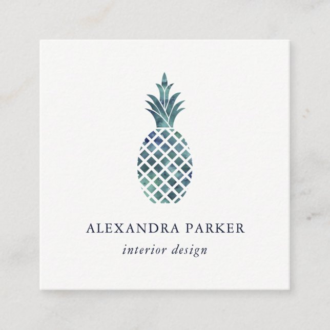 Modische blaue Aquarell-Blick-Ananas Quadratische Visitenkarte (Vorderseite)