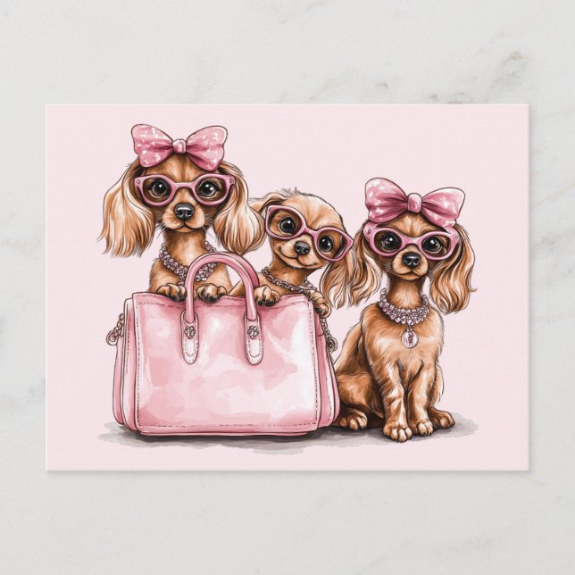 Modische Dackel Hunde rosa Purpur Postkarte (Vorderseite)