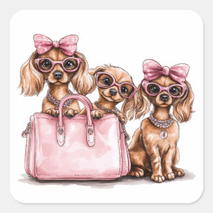 Modische Dackel Hunde rosa Purpur Quadratischer Aufkleber