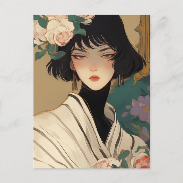 Modische Dame mit Blume in ihrer Haare Postkarte (Vorderseite)