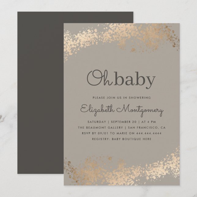 Modische Greige u. Goldstaub-oh Babyparty Einladung (Vorne/Hinten)