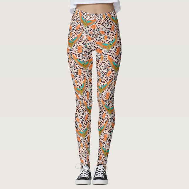 Modische Leopardendrucke, Paradiesvögel Leggings (Vorderseite)