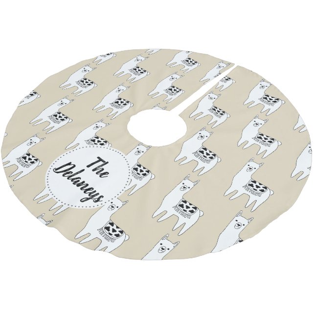 Modische moderne schwarze u. weiße Lama-Familie Polyester Weihnachtsbaumdecke (Schrägansicht)