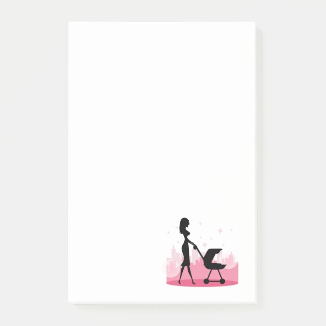Modische Mommy Pushing Baby Carriage Post-it Klebezettel (Vorderseite)