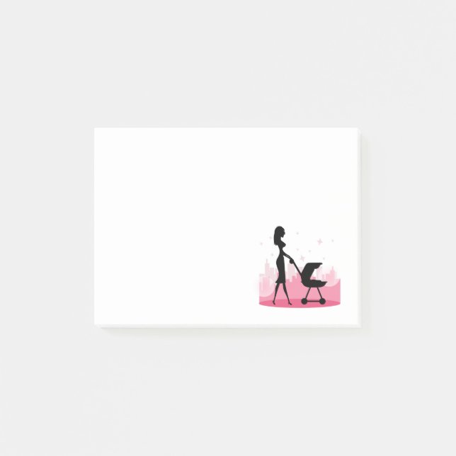 Modische Mommy Pushing Baby Carriage Post-it Klebezettel (Vorderseite)