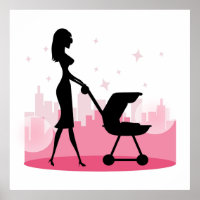 Modische Mommy Pushing Baby Carriage