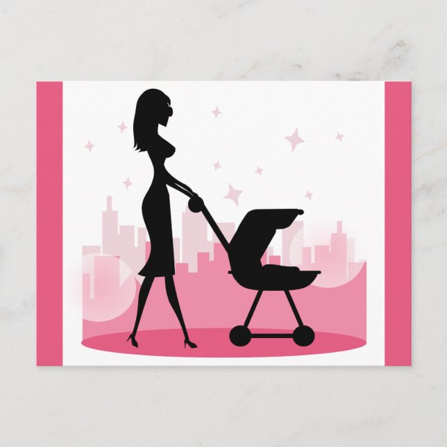 Modische Mommy Pushing Baby Carriage Postkarte (Vorderseite)