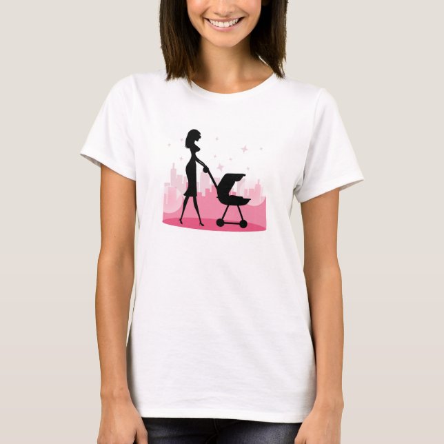 Modische Mommy Pushing Baby Carriage T-Shirt (Vorderseite)