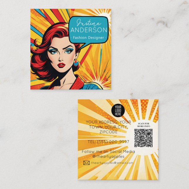 modische Retro Pop Art Lady, Wow Quadratische Visitenkarte (Vorne/Hinten)