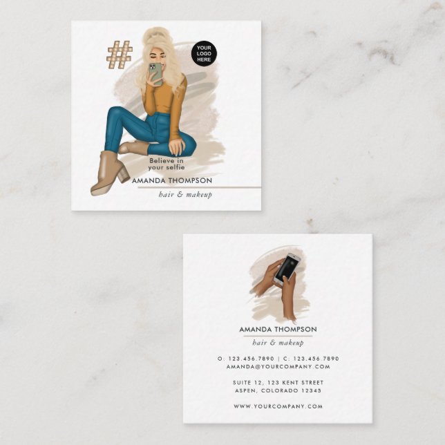 Modische Selfie Blonde Girl Business Card Quadratische Visitenkarte (Vorne/Hinten)