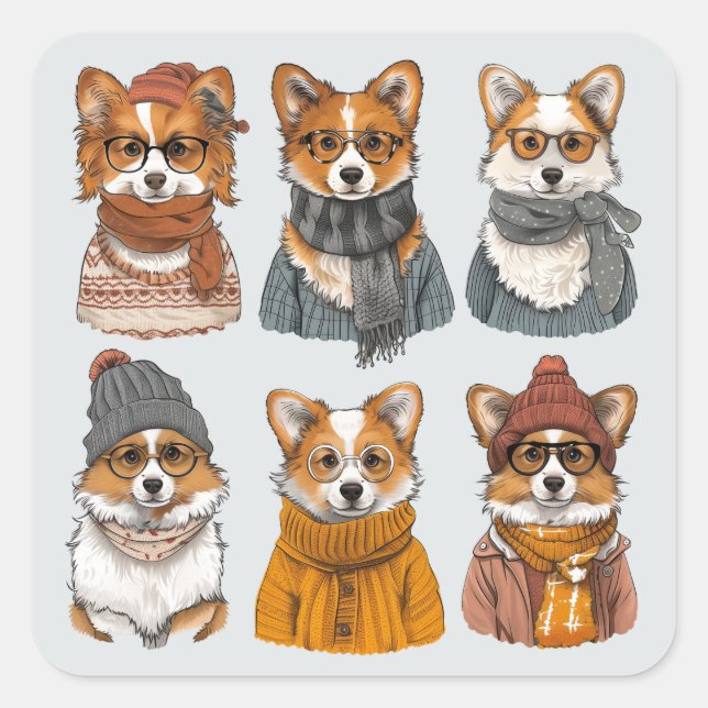 Modische Welsh Corgi Hunde Quadratischer Aufkleber (Vorderseite)