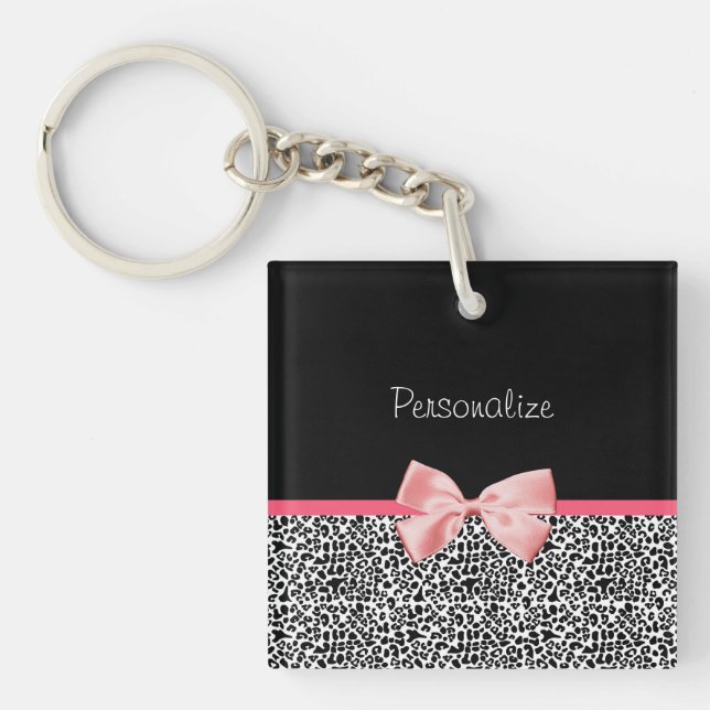 Modischer Leopard-Druck und rosa Band mit Namen Schlüsselanhänger (Vorderseite)