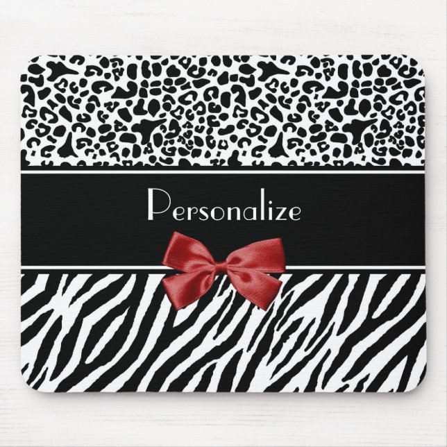 Modischer Schwarzweiss-Leopardzebra-Druck-roter Mousepad (Vorne)