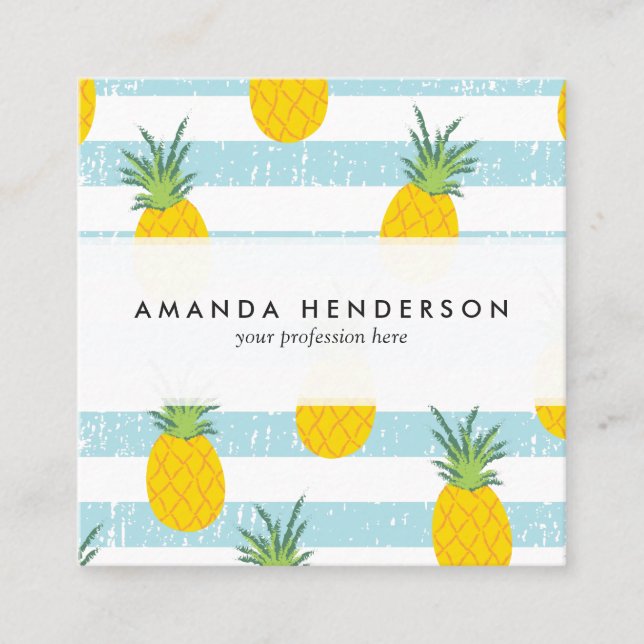 Modisches blaues Weiß Stripes Ananas-Muster Quadratische Visitenkarte (Vorderseite)