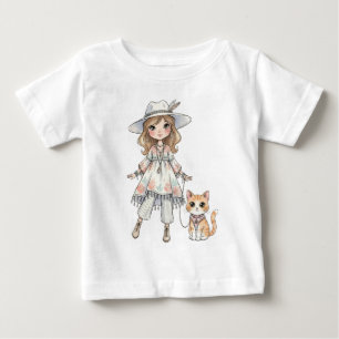 Modisches Mädchen, das mit ihrer Katze spazieren g Baby T-shirt