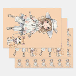 Modisches Mädchen, das mit ihrer Katze spazieren g Geschenkpapier Set