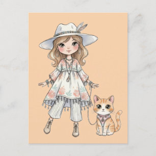 Modisches Mädchen, das mit ihrer Katze spazieren g Postkarte