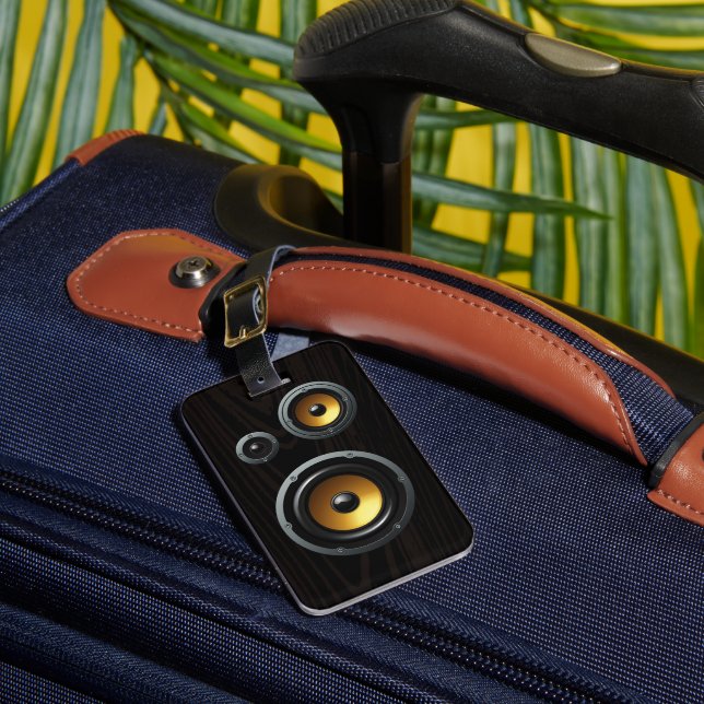 Modisches Retro Holzkörner Lautsprecher Trio Gepäckanhänger (Vorderseite Insitu 1)