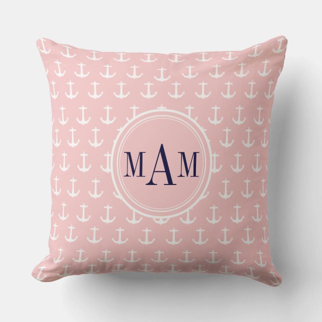 Modisches rosa Seeanker-Monogramm-Wurfs-Kissen Kissen (Vorderseite)