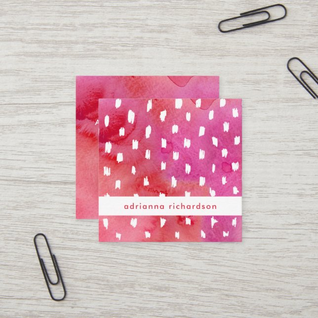 Modisches rosa und rotes Aquarell mit Punkten Quadratische Visitenkarte (Vorderseite/Rückseite Beispiel)