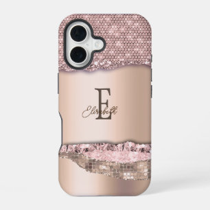 Modisches Roségold-Diamanten-Glitter-Monogramm iPhone 16 Hülle