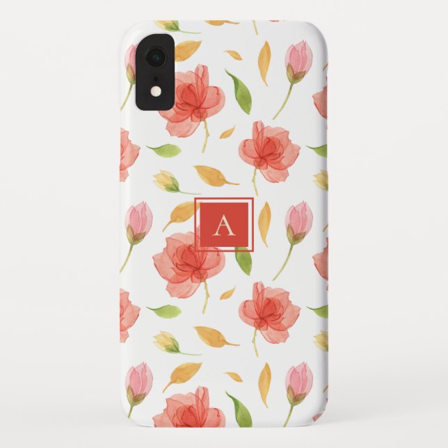 Modisches rotes Aquarell-Blumenmuster-Monogramm Case-Mate iPhone Hülle (Rückseite)