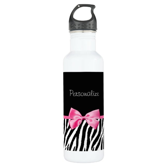 Modisches Schwarzweiss-Zebra-Druck-Rosa-Band Edelstahlflasche (Vorderseite)