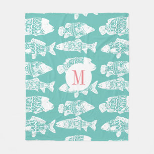 Modisches weißes Blumenküstenmonogramm der fisch Fleecedecke
