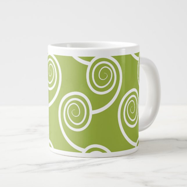 Modisches weißes Strudelmuster auf Grün Jumbo-Tasse (Vorderseite Rechts)