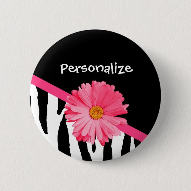 Modisches Zebra-Muster-Girly rosa Gänseblümchen Button (Vorderseite)