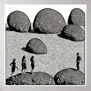 Moeraki Boulders Woodblock Print Poster