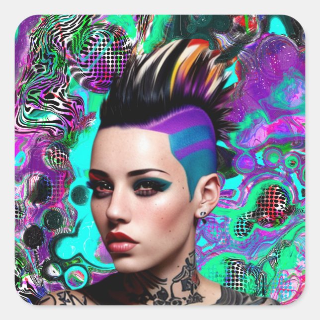 Mohawk Punk Girl Abstrakt Art Quadratischer Aufkleber (Vorderseite)