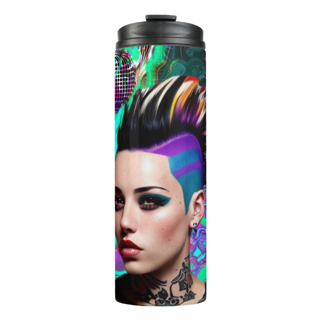 Mohawk Punk Girl Abstrakt Art Thermosbecher (Vorderseite)