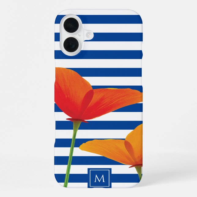 Mohn Chic Blaue Streifen Monogramm iPhone 16 Plus Hülle (Rückseite)
