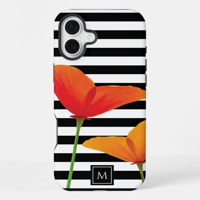 Mohn Chic Schwarz Streifen Monogramm iPhone 16 Plus Hülle (Rückseite)