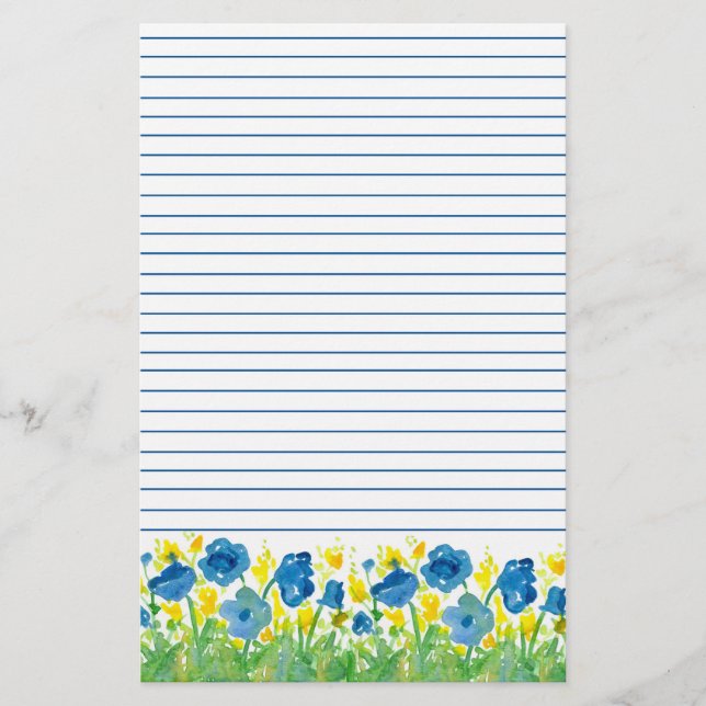 Mohn Watercolor Blue Flowers Liniert Briefpapier (Vorderseite)