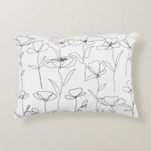 Mohn Wildblume Schwarz-Weiß Minimalistisches Flora Dekokissen