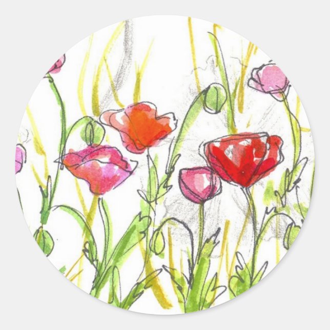 Mohnblume Blume Fields Sommer Wildblume Malerei Runder Aufkleber (Vorderseite)