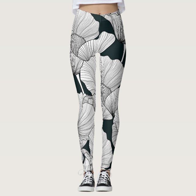 Mohnblume, Schwarz-weiße Blume. Leggings (Vorderseite)