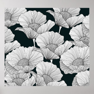 Mohnblume, Schwarz-weiße Blume. Poster
