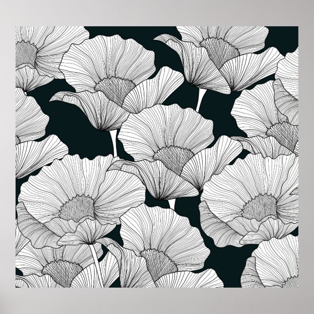 Mohnblume, Schwarz-weiße Blume. Poster (Vorne)