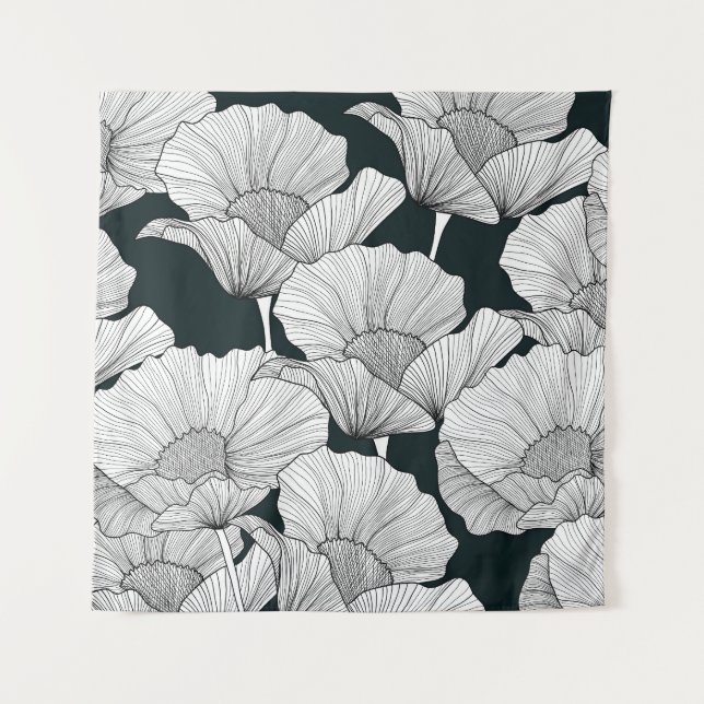 Mohnblume, Schwarz-weiße Blume. Wandteppich (Vorderseite)