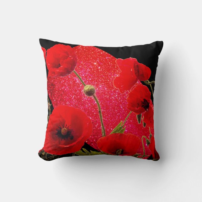 Mohnblumen Blume Roter Glitzer Sparkasse Schwarz F Kissen (Vorderseite)