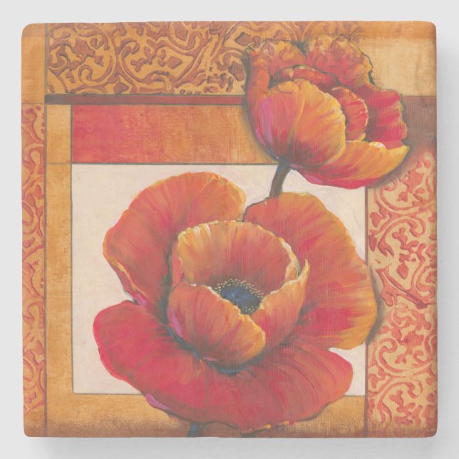 Mohnblumen-Blumen auf TAN und orange Hintergrund Steinuntersetzer (Vorderseite)