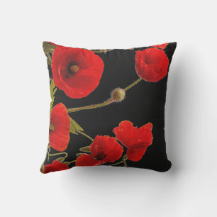 Mohnblumen Farbige Rote Florale Abstrakte Schwarze Kissen