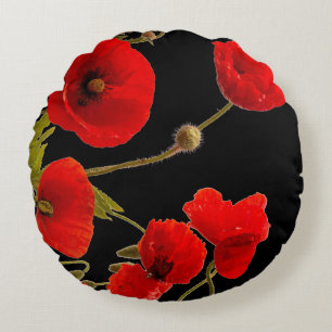 Mohnblumen Farbige Rote Florale Abstrakte Schwarze Rundes Kissen