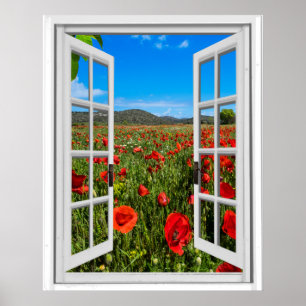 Mohnblumen-Feld-Imitat-künstliche Fenster-Ansicht Poster