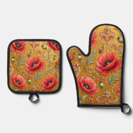 Mohnblumen-fleur goldenes Design Ofenhandschuh & Topflappen-Set