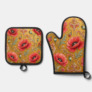 Mohnblumen-fleur goldenes Design Ofenhandschuh & Topflappen-Set